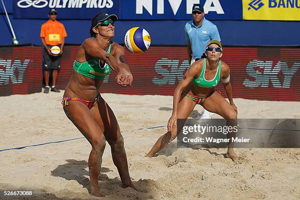 Rachel Nunes and Angela Lavalle in action during main draw match against Brazil during the FIVB Fortaleza Open on Futuro Beach on April 30, 2016 in...