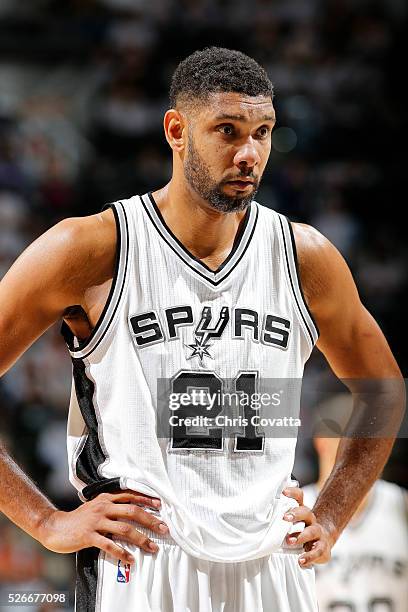 Tim Duncan of the San Antonio Spurs looks on during the game against the Oklahoma City Thunder in Game One of the Western Conference Semifinals...