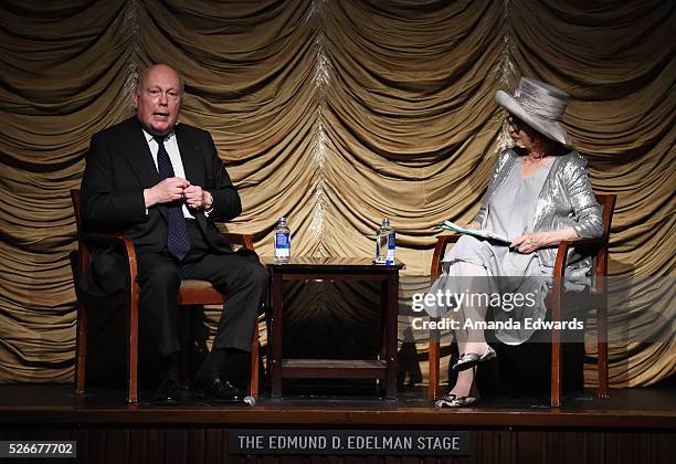 Writers Julian Fellowes and Patt Morrison attend the LACMA and Writers Bloc presentation of Julian Fellowes In Conversation with Patt Morrison at the...