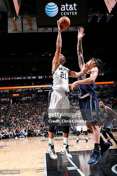 Tim Duncan of the San Antonio Spurs shoots the ball during the game against Steven Adams of the Oklahoma City Thunder in Game One of the Western...