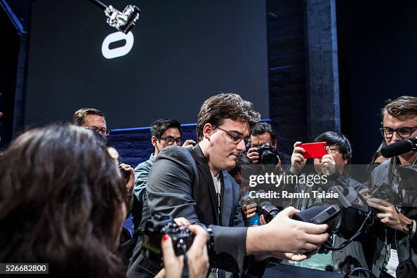Palmer Luckey, founder and inventor of Oculus VR, demonstrates the ...