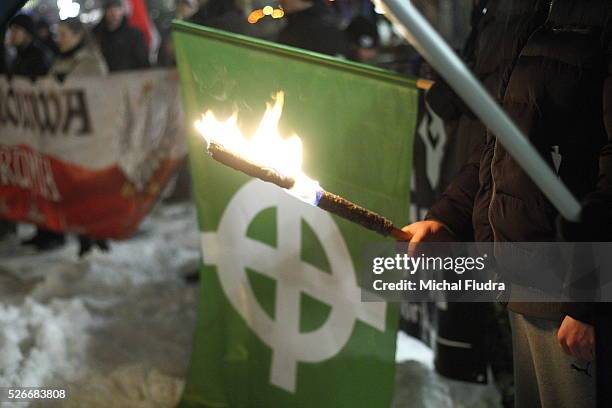 Anti-immigrants rally in Gdansk city centre. Dozen far-right activists from ONR and Mlodziez Wszechpolska organizations shouted racist slogans and...