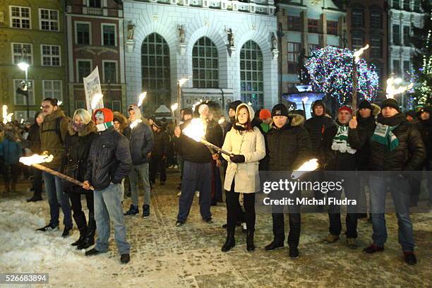 Anti-immigrants rally in Gdansk city centre. Dozen far-right activists from ONR and Mlodziez Wszechpolska organizations shouted racist slogans and...