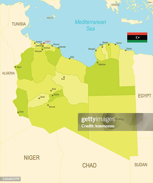 stockillustraties, clipart, cartoons en iconen met detailed map of libya with surroundings, - tunesië