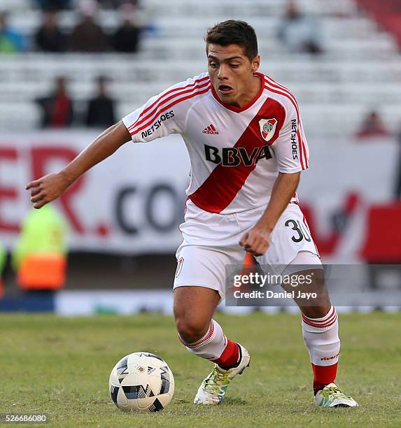 Luis Olivera Moreira, of River Plate, plays the ball during a match between River Plate and Velez Sarsfield as part of Torneo Transicion 2016 at...