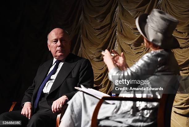 Writers Julian Fellowes and Patt Morrison attend the LACMA and Writers Bloc presentation of Julian Fellowes In Conversation with Patt Morrison at the...