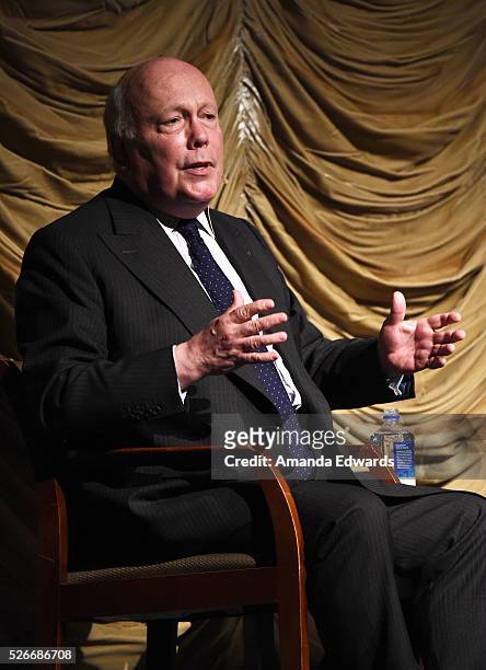 Writer Julian Fellowes attends the LACMA and Writers Bloc presentation of Julian Fellowes In Conversation with Patt Morrison at the Bing Theatre at...