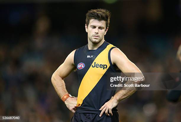 Trent Cotchin, captain of the Tigers reacts at full time after losing the round six AFL match between the Richmond Tigers and the Port Adelaide Power...