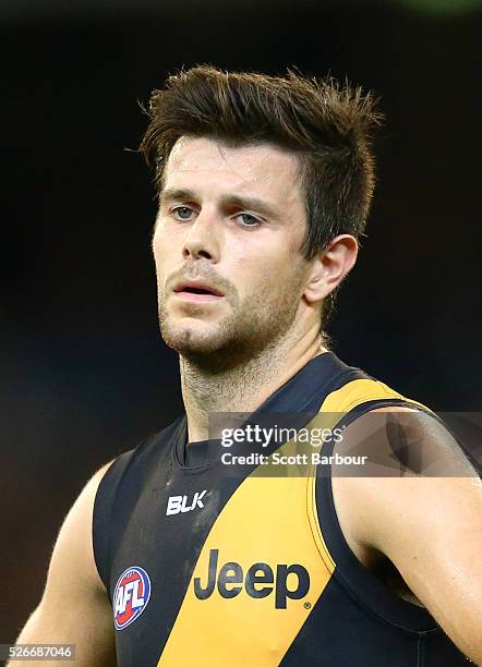 Trent Cotchin, captain of the Tigers reacts at full time after losing the round six AFL match between the Richmond Tigers and the Port Adelaide Power...