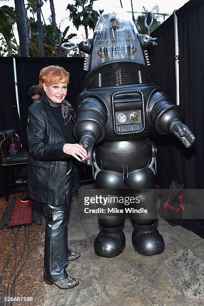 Actress Ann Robinson and Robby the Robot attend 'Forbidden Planet' screening during day 3 of the TCM Classic Film Festival 2016 on April 30, 2016 in...
