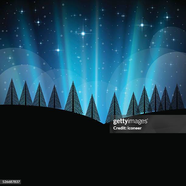 winter and christmas landscape with snow and trees at night - aurora borealis stock illustrations