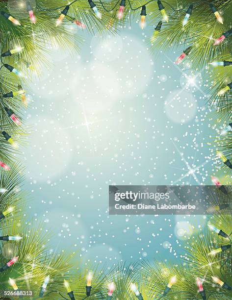 stockillustraties, clipart, cartoons en iconen met christmas lights evergreen background frame - kerstverlichting