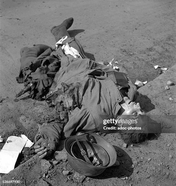 World War II. During the advance of the First French Army in Germany. Dead body of a German soldier. In 1945.