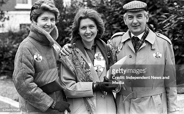 Mary McAleese, a Fianna Fail Candidate for Dublin South East in the 1987 General election, canvassing with her father Paddy Leneghan and sister...