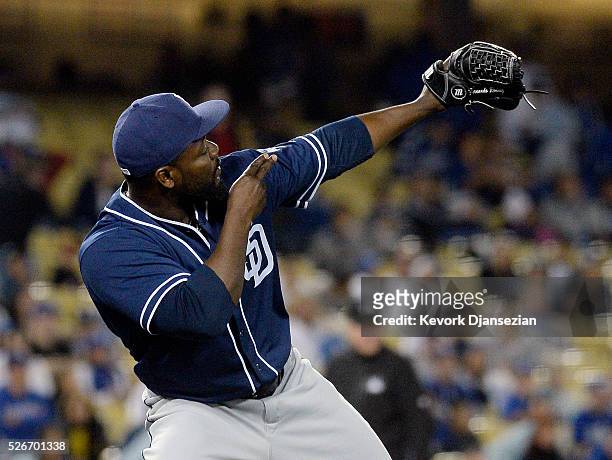 Closer Fernando Rodney of the San Diego Padres reacts after the last out the game defeating the Los Angeles Dodgers, 5-2, at Dodger Stadium on April...