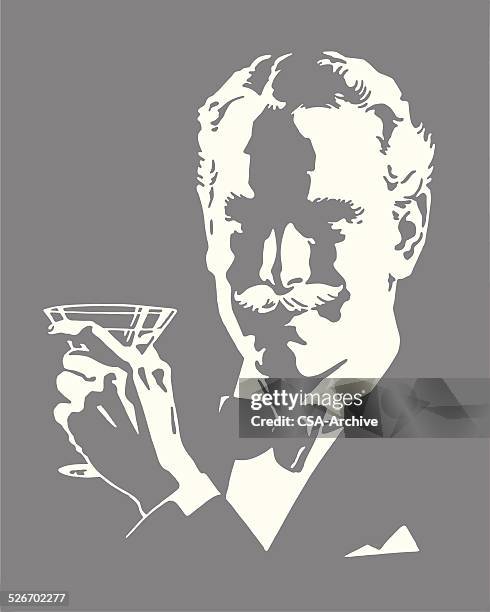 bildbanksillustrationer, clip art samt tecknat material och ikoner med man wearing bow tie holding cocktail - mustache