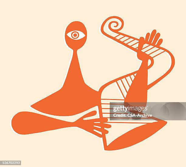 stylized musician with horn - portrait orange background stock illustrations