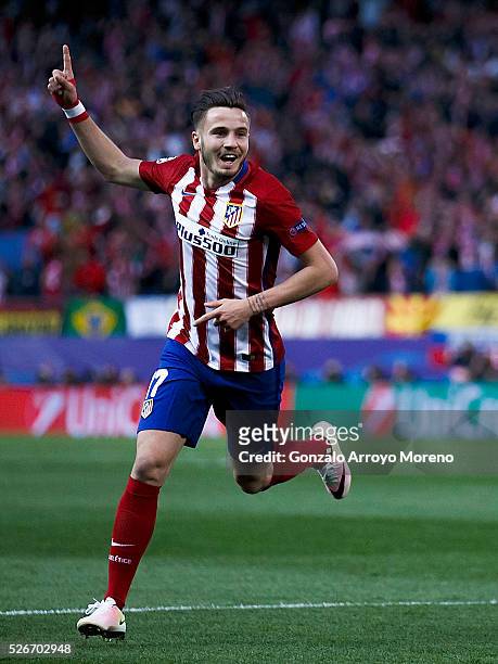 Saul Niguez of Atletico de Madrid celebrates scoring their opening goal during the UEFA Champions League Semi Final first leg match between Club...