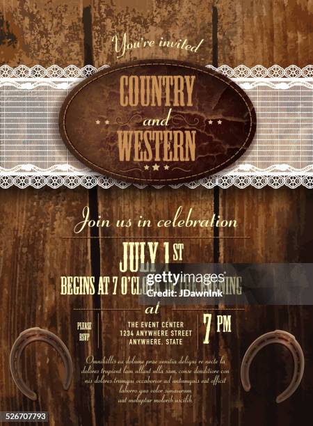 illustrations, cliparts, dessins animés et icônes de le cuir, le bois et dentelle de musique country et western invitation vertical composition - country music