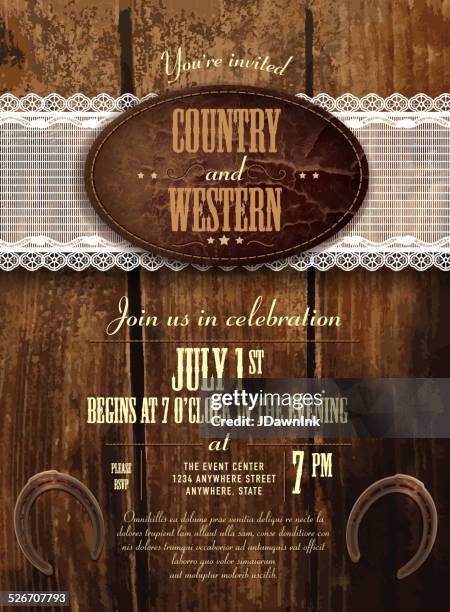 leather, wood and lace country and western invitation vertical composition - cowhide stock illustrations
