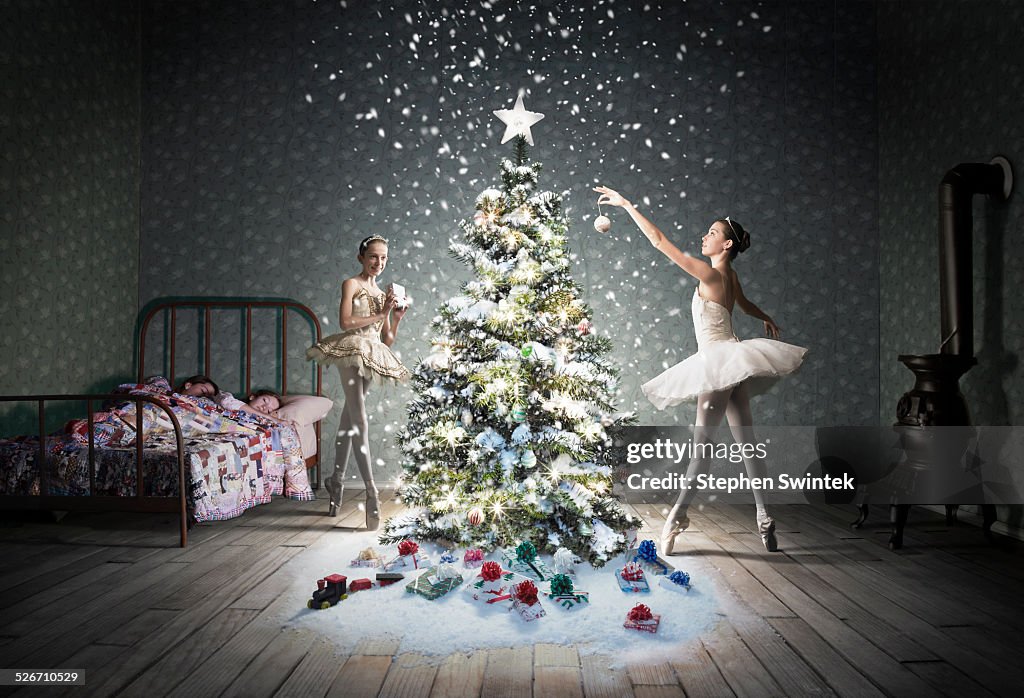 Christmas tree in children's bedroom with snow