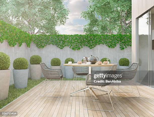 modern backyard - garden furniture stockfoto's en -beelden