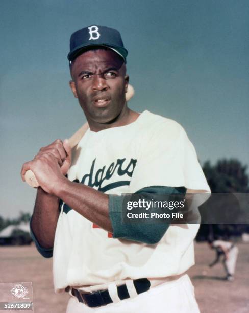 Jackie Robinson of the Brooklyn Dodgers poses for a portrait circa 1947