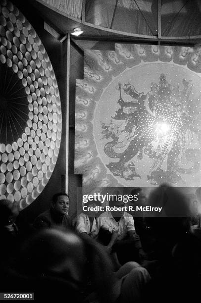 Filmmaker Agnes Varda, center, with staff, members, and attendees of the New York Film Festival, visit an immersive multimedia event by the USCO...