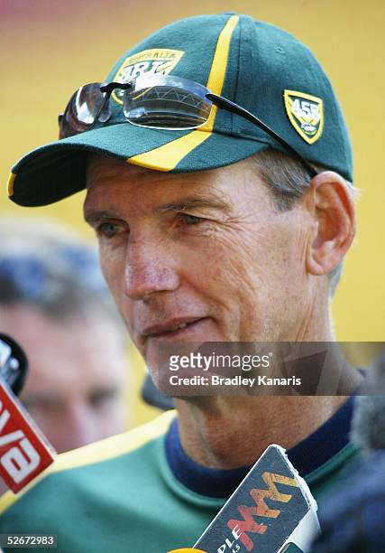 Wayne Bennett is interviewed by the media during the Australian Kangaroos team training session at Suncorp Stadium on April 21, 2005 in Brisbane,...