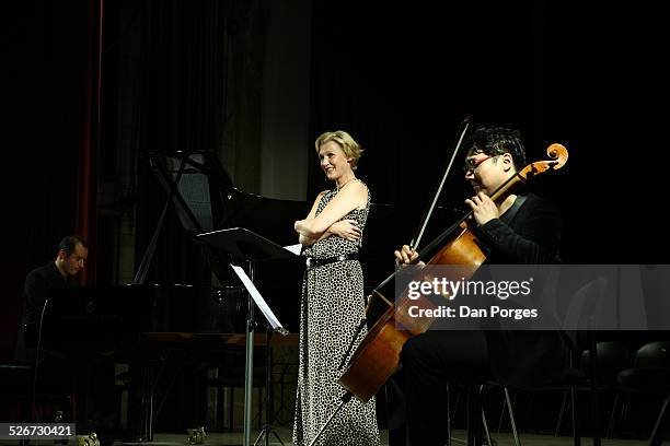 Soprano singer Angela Denoke, pianist Tal Balshai and cellist Tim Park perform in the Cabaret Concert at the Seventeenth Jerusalem International...