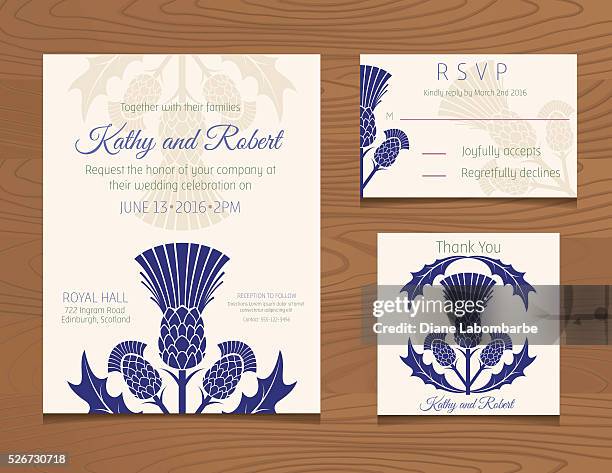 wedding invitation template with scottish thistles on wood background - thistle stock illustrations