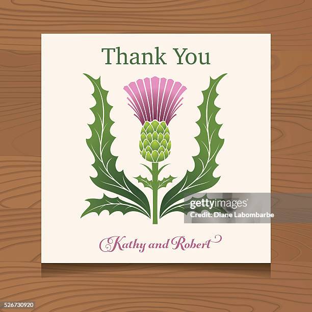 ilustraciones, imágenes clip art, dibujos animados e iconos de stock de gracias plantilla con la cardos escoceses en un fondo de madera - thank you frase corta en inglés