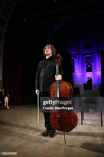 Cellist Alexander Knyazev with bare legs on the left thanks the audience in a curtain call at the end of the performance during the Seventeenth...