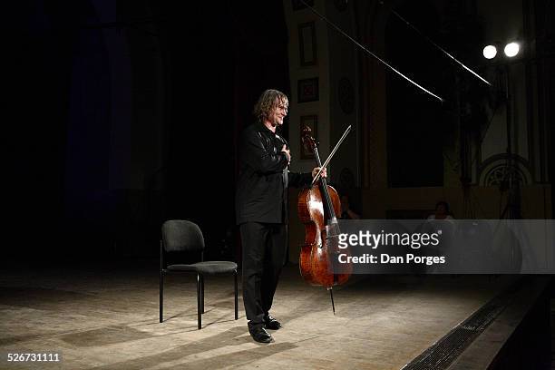 Cellist Alexander Knyazev thank the audience in curtain call at the end of the performance during the Seventeenth Jerusalem International Chamber...