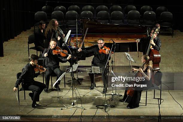 From left, Asi Matathias violinist, Matan Gilitchensky and Yoni Gertner, violists, Eran Borovich, double bass, cellist Marie-Elisabeth Hecker and in...