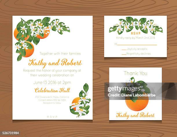 stockillustraties, clipart, cartoons en iconen met wedding invitation template with oranges on wood background - sinaasappelbloesem