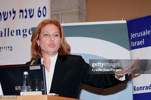 Tzipi Livni, then Foreign Minister and currently Minister of Justice speaking at a conference on Israeli security, regional diplomacy, and...