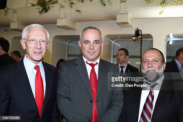 Professor Stanley Fischer , former Governor of the Bank of Israel, posing with Yuval Steinitz, former Finance Minister and Yitzhak Cohen, former...