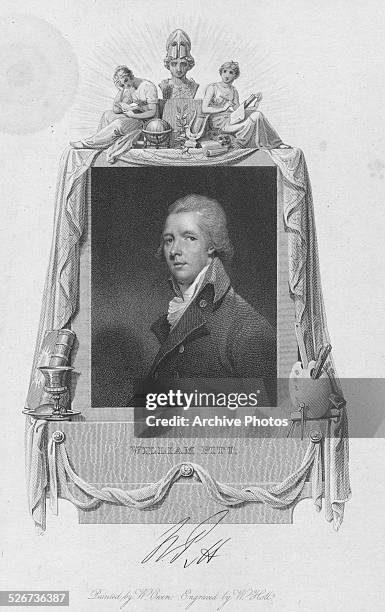 Engraved portrait of British Prime Minister William Pitt the Younger, circa 1800. Engraved by W Hall from the original by W Owen.