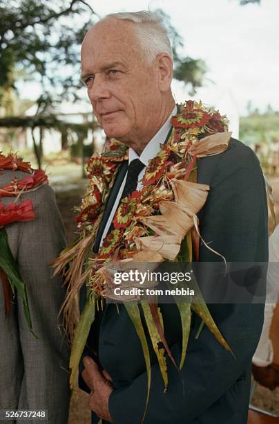 Charles Lindbergh Wearing Tongan Lei