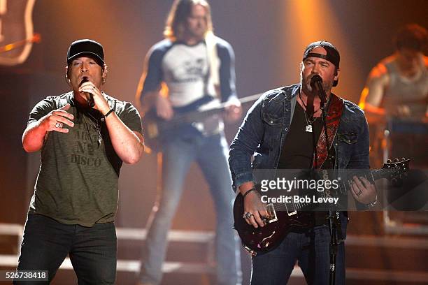 Singers Jerrod Niemann and Lee Brice perform onstage during the 2016 iHeartCountry Festival at The Frank Erwin Center on April 30, 2016 in Austin,...
