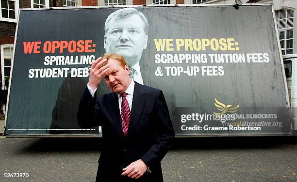 Liberal Democrat Leader Charles Kennedy unveils his party's latest campaign poster April 21, 2005 in London, England. The Liberal Democrats have...