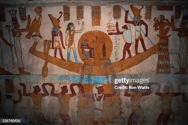 Mural Painting in Tomb of Bannantiu Depicting Solar Barque with Egyptian Gods and Goddesses