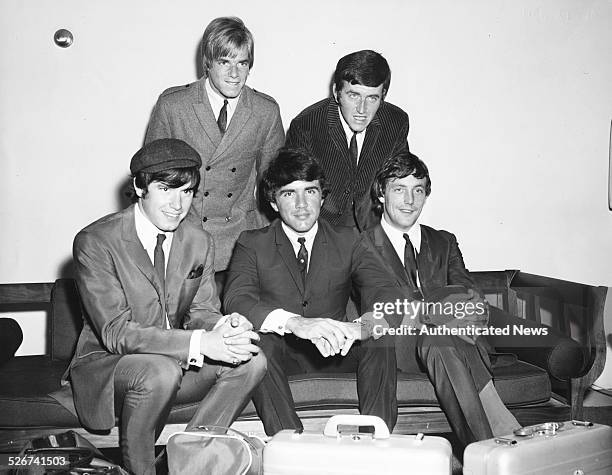 Portrait of 'The Dave Clark Five' band Denny Payton, Lenny Davidson, Dave Clark, Rick Huxley and Mike Smith, at John F Kennedy International Airport,...