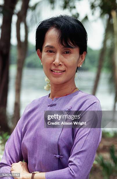 Portrait of Aung San Suu Kyi who was under house arrest in Rangoon, Burma until her release in 1995. She won the Nobel Peace Prize in 1991.