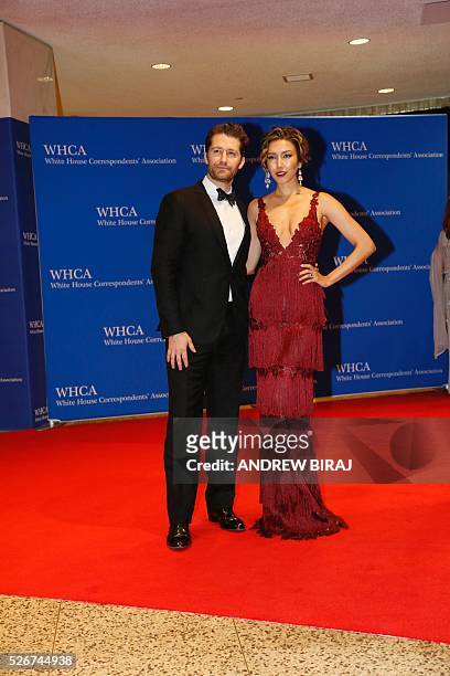 Actor Matthew Morrison and wife Renee Puente arrive for the 102nd White House Correspondents' Association Dinner in Washington, DC, on April 30,...