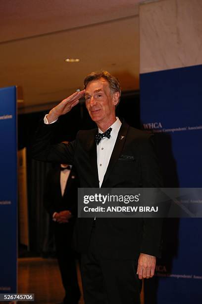 Bill Nye arrives for the 102nd White House Correspondents' Association Dinner in Washington, DC, on April 30, 2016. / AFP / Andrew Biraj