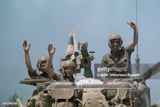 Israeli soldiers cheer as they return victorious from the Six-Day War. By June 10 when the fighting was halted, Israel controlled the entire Sinai...