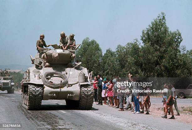Israeli people jubilantly greet their soldiers as they return from the Six-Day War. By June 10 when the fighting was halted, Israel controlled the...