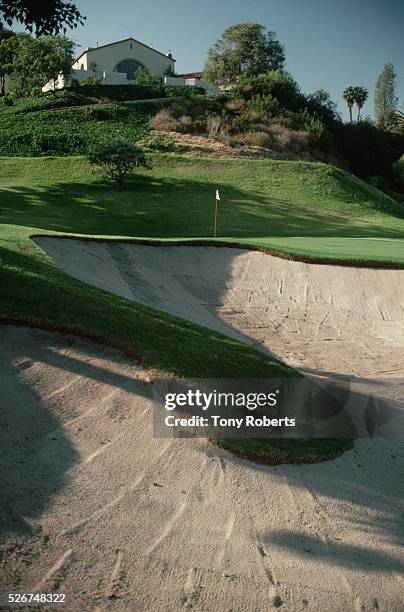 Bunker along the edge of the green of the second hole at the Riviera Country Club.
